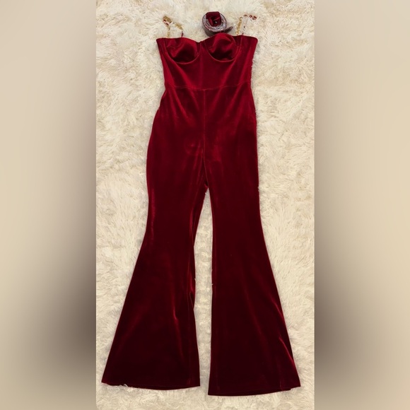 NEW Nadine Merabi Harley Red Velvet Jumpsuit Large Sz 14 $575 - Picture 4 of 9